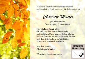 Persönliche Danksagung Trauer Karten. Herbst, Herbstblätter, Blätter, Herbstlaub. Danksagungen nach Todesfall, Beerdigung und Trauerfall drucken.