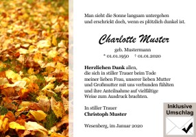 Persönliche Danksagung Trauer Karten. Herbst, Herbstblätter, Blätter, Herbstlaub. Danksagungen nach Todesfall, Beerdigung und Trauerfall drucken.