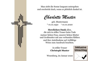 Kreuz, Trauerkreuz und christliche Symbole. Danksagungen Trauer nach Beerdigung, Todesfall und im Trauerfall