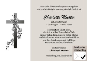 Kreuz, Trauerkreuz und christliche Symbole. Danksagungen Trauer nach Beerdigung, Todesfall und im Trauerfall