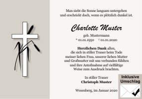 Kreuz, Trauerkreuz und christliche Symbole. Danksagungen Trauer nach Beerdigung, Todesfall und im Trauerfall