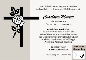 Kreuz, Trauerkreuz und christliche Symbole. Danksagungen Trauer nach Beerdigung, Todesfall und im Trauerfall