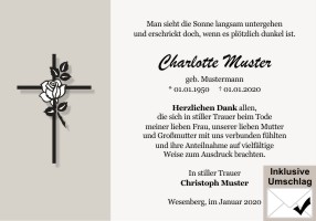 Kreuz, Trauerkreuz und christliche Symbole. Danksagungen Trauer nach Beerdigung, Todesfall und im Trauerfall