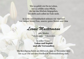 Persönliche Danksagung Trauer Karten. Weiße Lilien und Calla. Danksagungen nach Todesfall, Beerdigung und Trauerfall drucken.