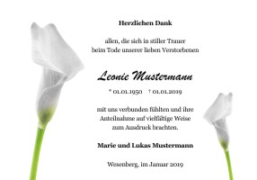 Persönliche Danksagung Trauer Karten. Weiße Lilien und Calla. Danksagungen nach Todesfall, Beerdigung und Trauerfall drucken.