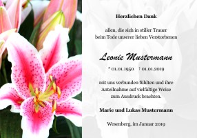 Persönliche Danksagung Trauer Karten. Weiße Lilien und Calla. Danksagungen nach Todesfall, Beerdigung und Trauerfall drucken.