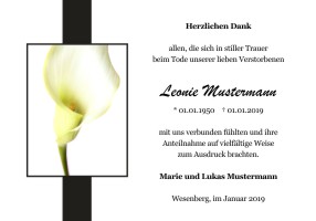 Persönliche Danksagung Trauer Karten. Weiße Lilien und Calla. Danksagungen nach Todesfall, Beerdigung und Trauerfall drucken.