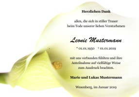 Persönliche Danksagung Trauer Karten. Weiße Lilien und Calla. Danksagungen nach Todesfall, Beerdigung und Trauerfall drucken.