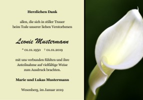 Persönliche Danksagung Trauer Karten. Weiße Lilien und Calla. Danksagungen nach Todesfall, Beerdigung und Trauerfall drucken.